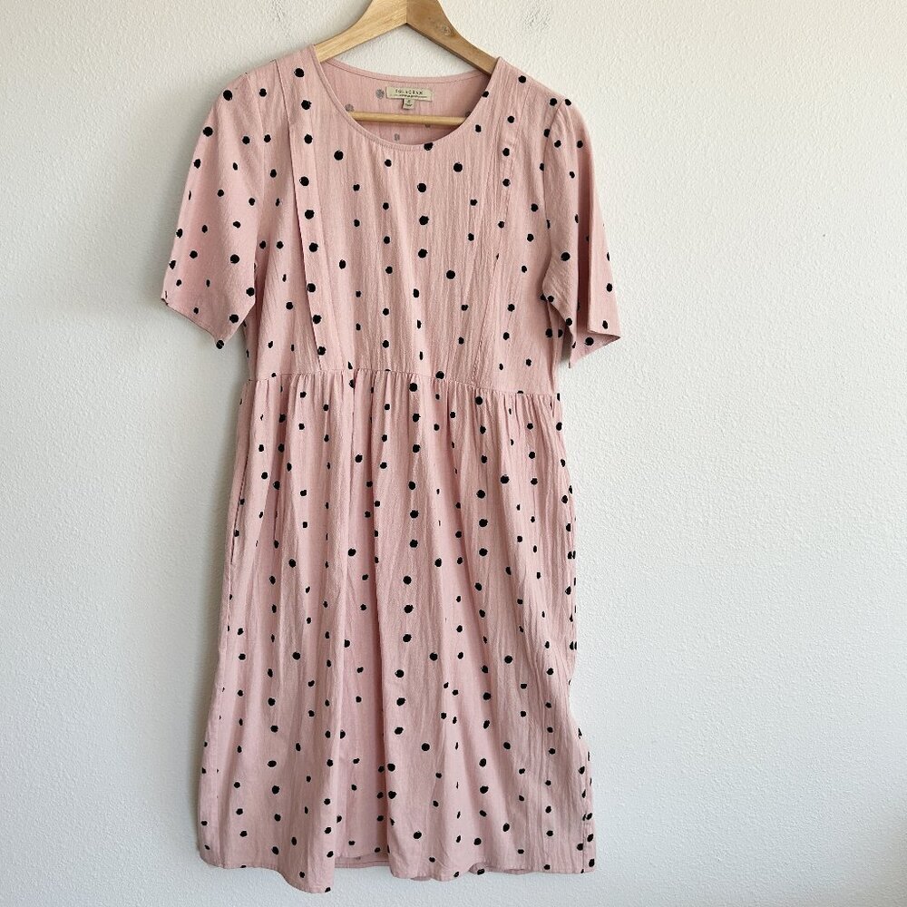 Polagram Dress Pink Black Polka Dot Midi Short Sleeve Cottage Core